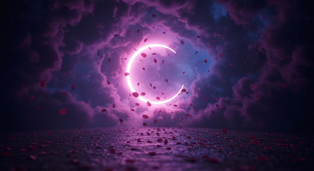 Romantasy scene with glowing crescent moon and rose petals in a magical fantasy sky